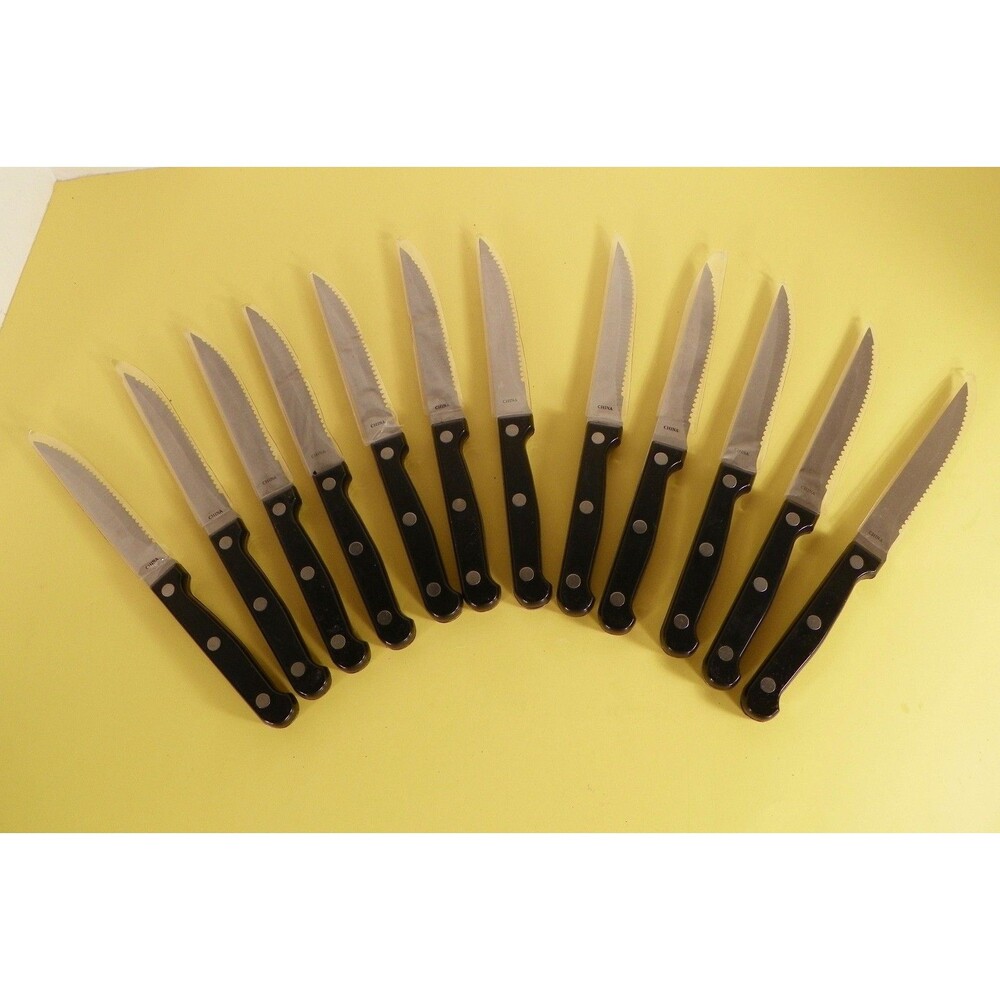 12‎ Pfaltzgraff Legacy Serrated Steak Knife Knives Black Handle with Rivets